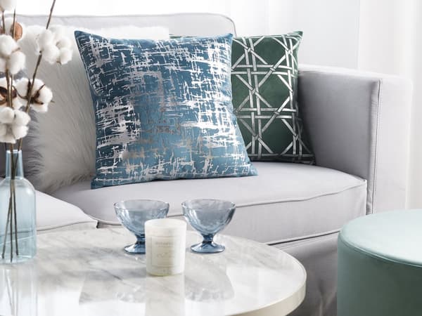 Pyntepuder Sølv Blå Polyester Velour 45 x 45 cm Små Firkantede Mønstret Sofapuder Abstrakt Moderne Glam Industriel Indretningsstil til Stue