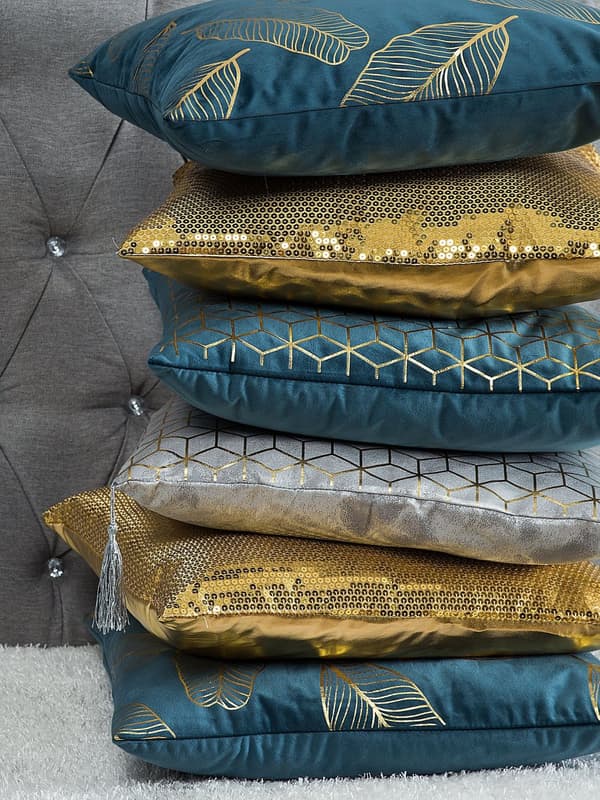 Pyntepuder i Sølv og Guld Polyester Sæt 45 x 45 cm Jacquardvævet Små Runde Puder til Sofa Stue Ternet med Kvaster og Aftagelige betræk