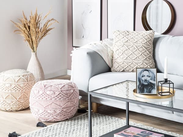 Pyntepuder Beige Bomuld Sæt 45 x 45 cm Små Firkantede Mønstret Sofapuder til Stuen Håndlavet Macrame Reb Flet Boho Retro Tilbehør Soveværelse