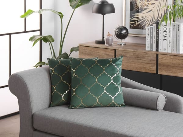 Sæt med 2 Dekorative Velour Pyntepuder Velour Grøn Marokkansk Kløver Folietryk Guld Motiv 45 x 45 cm Dekor Tilbehør