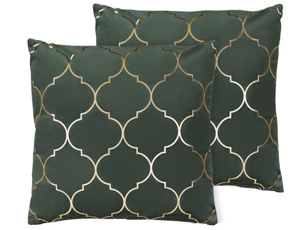 Sæt med 2 Dekorative Velour Pyntepuder Velour Grøn Marokkansk Kløver Folietryk Guld Motiv 45 x 45 cm Dekor Tilbehør