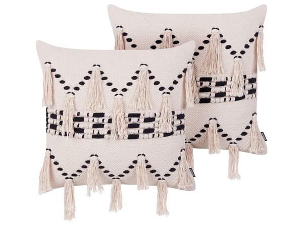 Sæt med 2 Pyntepuder Beige Bomuld med sort mønster 45 x 45 cm indianer lignende kvaster Boho Dekor tilbehør nem pleje og aftagelige betræk