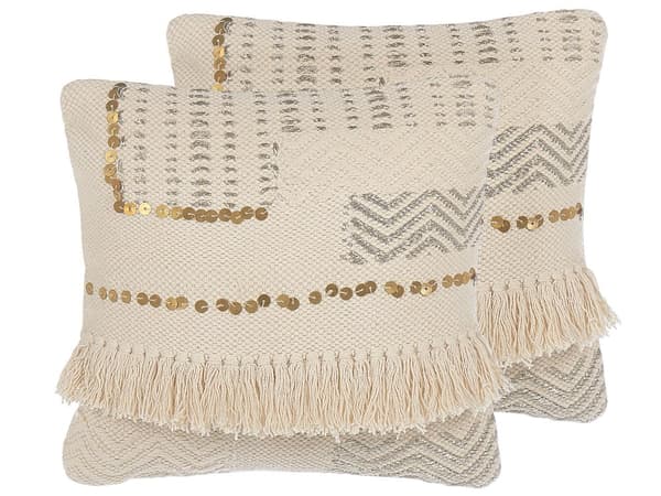 Sæt med 2 dekorative pyntepuder i Beige bomuld 45 x 45 cm med kvaster Boho Retro Dekor tilbehør nem pleje og aftagelige betræk