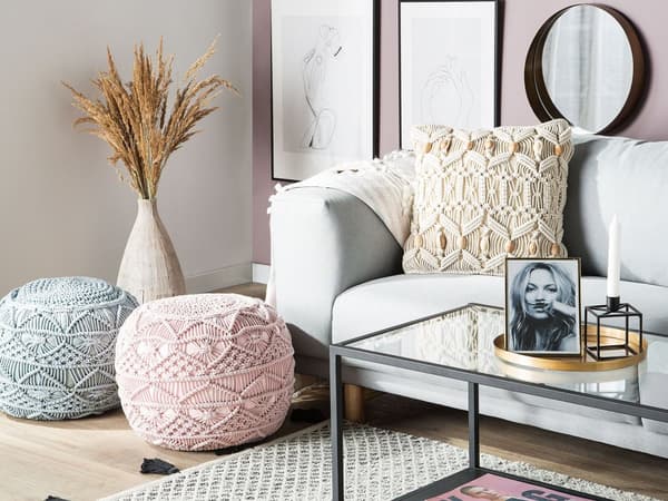 Pyntepuder Beige Bomuld Sæt 45 x 45 cm Små Flotte Firkantede Sofapuder til Stuen Hæklet Macrame Reb Pude til Sengen Boho Retro Tilbehør Uldpude