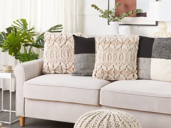 Pyntepuder Beige Bomuld Sæt 45 x 45 cm Små Flotte Firkantede Sofapuder til Stuen Hæklet Macrame Reb Pude til Sengen Boho Retro Tilbehør Uldpude