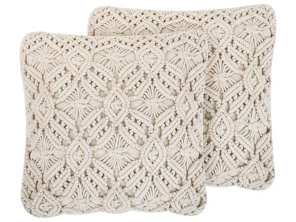 Pyntepuder Beige Bomuld Sæt 45 x 45 cm Små Firkantede Puder til Sofa Sengen i Macramé Reb Flet Boho Tilbehør Soveværelse Stue Aftagelige Betræk