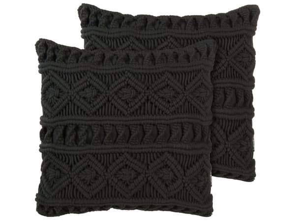 Pyntepuder Sort Bomuld Sæt 45 x 45 cm Små Flotte Dekorative Sofapuder til Stuen og Soveværelse Macramé Flet Tilbehør Mønstrede Puder Boho Retro