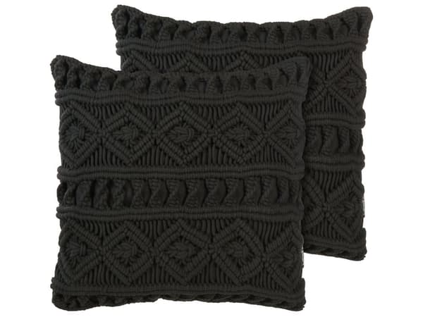 Pyntepuder Sort Bomuld Sæt 45 x 45 cm Små Flotte Dekorative Sofapuder til Stuen og Soveværelse Macramé Flet Tilbehør Mønstrede Puder Boho Retro