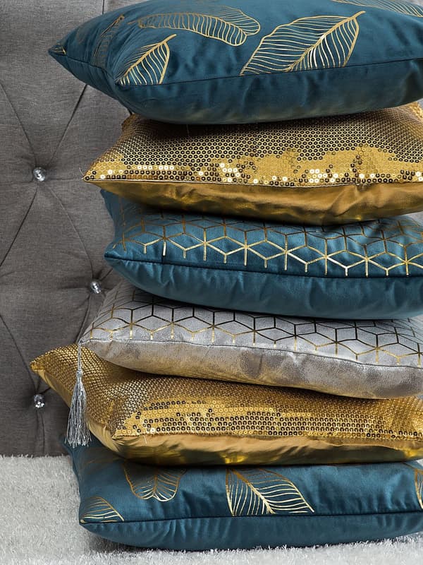 Pyntepuder Blå Guld Velour Sæt 45 x 45 cm Små Firkantede Sofapuder Blomster Mønster Blad Motiv Dekor Tilbehør Stue Soveværelse Seng Dekor