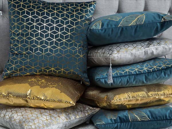 Pyntepuder Blå Guld Velour Sæt 45 x 45 cm Små Firkantede Sofapuder Blomster Mønster Blad Motiv Dekor Tilbehør Stue Soveværelse Seng Dekor