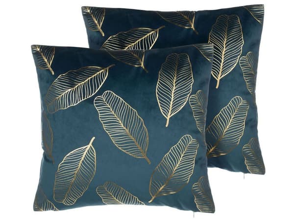 Pyntepuder Blå Guld Velour Sæt 45 x 45 cm Små Firkantede Sofapuder Blomster Mønster Blad Motiv Dekor Tilbehør Stue Soveværelse Seng Dekor
