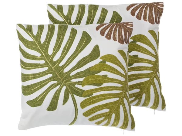 Sæt med 2 Pyntepuder hvid og grøn bomuld med polyester fyld 45 x 45 cm bladmønster tryk Dekortilbehør stue nem pleje og aftagelige betræk