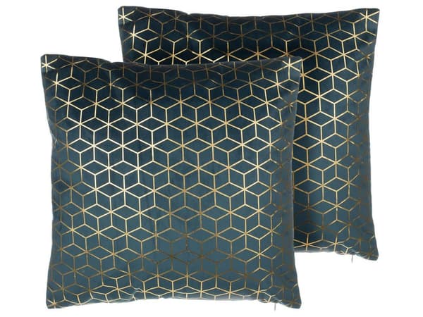 Sæt med 2 Pyntepuder Blå og Guld Velour med Polyester fyld 45 x 45 cm Ternmønster Tryk Dekortilbehør Stue og Aftagelige Betræk