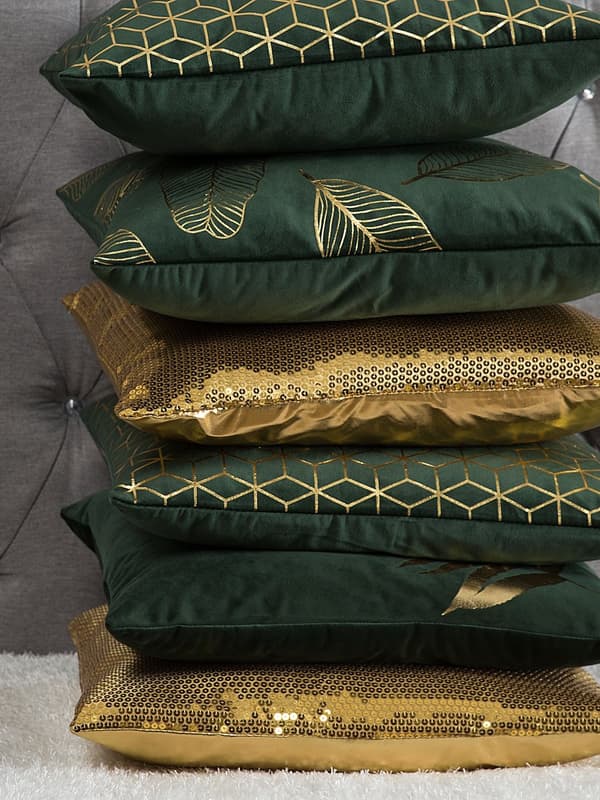 Sæt med 2 Pyntepuder Mørkegrøn Velour med Polyester Fyld 45 x 45 cm Ternmønster Guldfolietryk Dekortilbehør Stue Aftagelige Betræk
