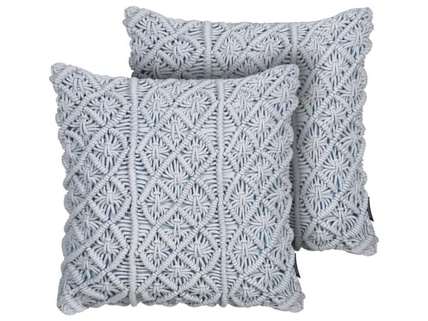 Pyntepuder Babyblå Bomuld Sæt 40 x 45 cm Små Firkantede Mønstret Sofapuder til Stuen Håndlavet Macrame Reb Flet Boho Retro Tilbehør Soveværelse