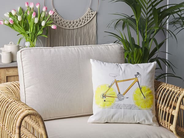 Pyntepude Hvid Brun Gul Multifarvet Bomuld Sæt 45 x 45 cm Små Firkantede Sofapuder med Cykelmotiv Moderne Puder til Stuen Soveværelse