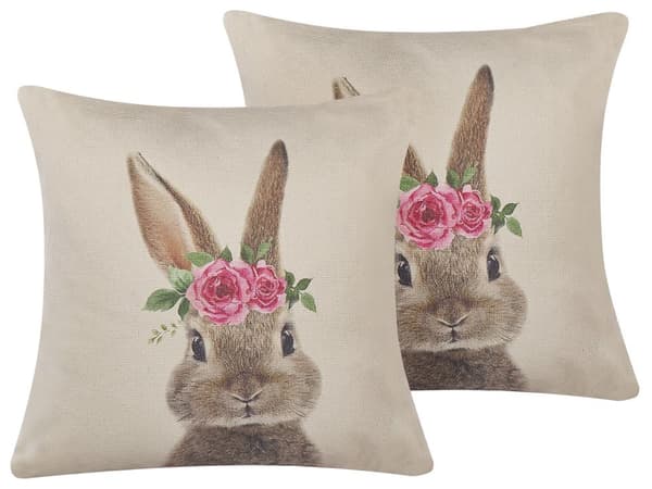 Sæt med 2 pyntepuder grå med pink bomuldskaninmotiv firkantet 45 x 45 cm med fyldende påskepynt