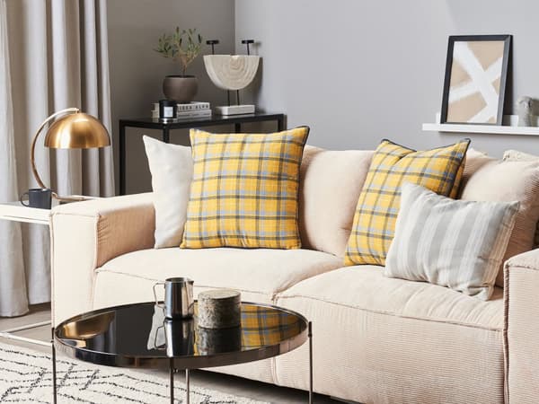 Pyntepuder Gul Flerfarvet Polyester Sæt 45 x 45 cm Små Firkantede Ternede Puder til Sofa og Sengen i Moderne Retro Soveværelse Stue Dekor