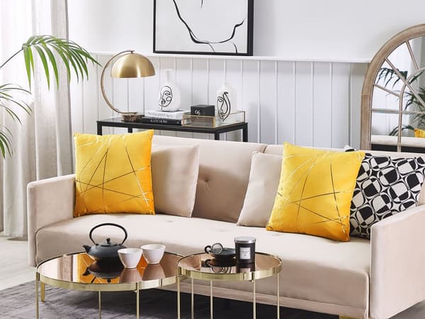 Pyntepuder Gul Guld Velour Stof Sæt 45 x 45 cm Små Flotte Firkantede Sofapuder til Stuen Strege Mønster Pude til Seng Moderne Retro Bløde