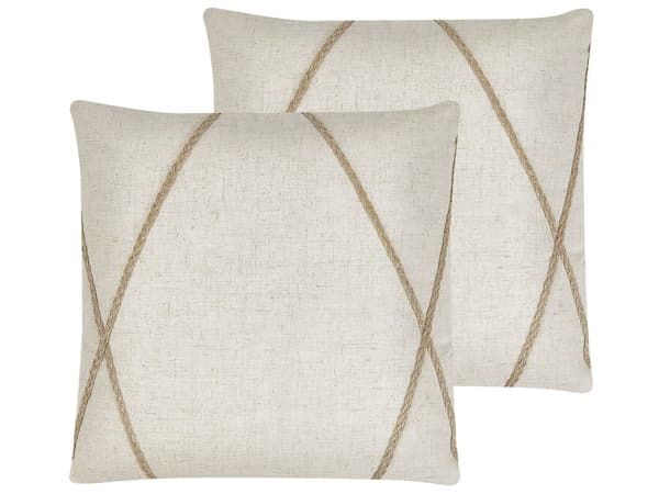 Pyntepuder Beige Polyester Bomuld Jute Hør Sæt 45 x 45 cm Små Firkantede Sofapuder med Reb Omsluttet Aftagelige Betræk Moderne Boho stil