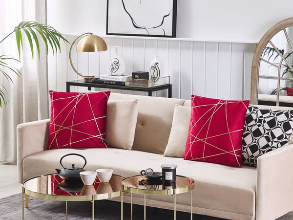 Pyntepuder Rød Guld Velour Sæt 45 x 45 cm Små Firkantede Sofapuder til Stuen Strege Mønster Pude til Seng Moderne Retro Aftagelig Betræk