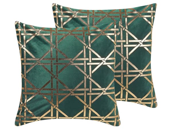 Sæt med 2 Dekorative Pyntepuder Grøn Geometrisk Mønster Folietryk Guld 45 x 45 cm Dekorations Tilbehør Aftageligt Betræk