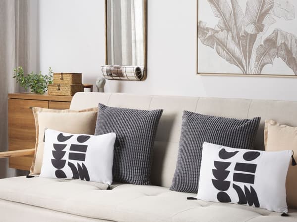 Pyntepuder Hvid Sort Polyester Sæt 30 x 50 cm Dekorative Små Aflange Mønstrede Sofapuder med Kvaster til Stue Soveværelse Seng Indretning