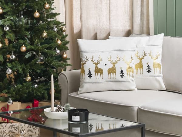Pyntepuder Hvid og Guld Bomuld Sæt 45 x 45 cm Små Firkantede Julepuder med Rensdyr Tryk til Stuen Sofa Sengen Julesæson Aftagelige Betræk