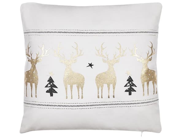 Pyntepuder Hvid og Guld Bomuld Sæt 45 x 45 cm Små Firkantede Julepuder med Rensdyr Tryk til Stuen Sofa Sengen Julesæson Aftagelige Betræk