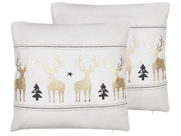 Pyntepuder Hvid og Guld Bomuld Sæt 45 x 45 cm Små Firkantede Julepuder med Rensdyr Tryk til Stuen Sofa Sengen Julesæson Aftagelige Betræk