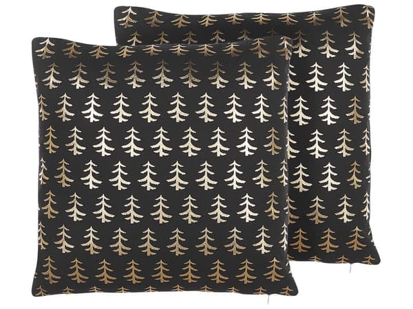 Pyntepudesæt Sort Guld Bomuld med Polyester Fyld 45 x 45 cm Aftagelige Folie Juletræs Tryk Mønster Betræk dekorationstilbehør