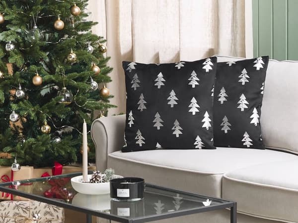 Pyntepuder Sort Sølv Velour Sæt 45 x 45 cm Små Firkantede Smukke Jule Puder med Juletræs Mønstre Tilbehør til Sofa og Sengen Dekoration