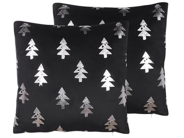Pyntepuder Sort Sølv Velour Sæt 45 x 45 cm Små Firkantede Smukke Jule Puder med Juletræs Mønstre Tilbehør til Sofa og Sengen Dekoration