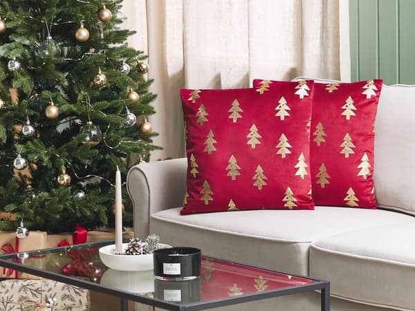 Pyntepuder Rød Sølv Velour Sæt 45 x 45 cm Små Firkantede Smukke Jule Puder med Juletræs Mønstre Tilbehør til Sofa og Sengen Dekoration