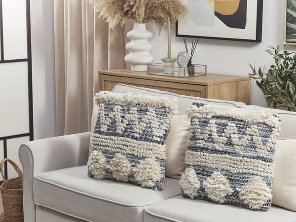 Koristetyyny sinibeige 45 x 45 cm 2 kpl geometrisella kuvioinnilla boho-tyyli
