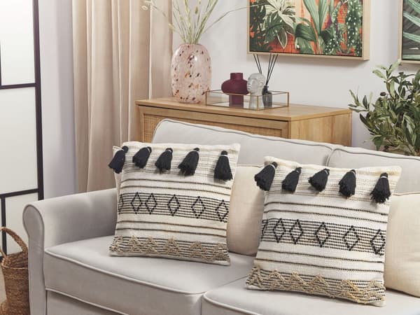 Koristetyyny mustabeige 45 x 45 cm geometrisella kuvioinnilla boho-tyyli