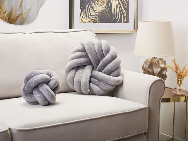 Pyntepude Grå Velour med Skum 30 x 30 cm Dekorativ Rund Lille Blød Knude Glitter Design Retro Soveværelse Seng Sofa Stil Indretning Moderne