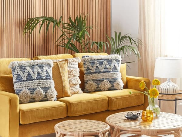 Pyntepuder Blå Beige Bomuld og Polyester Sæt 2 stk 45 x 45 cm Små Firkantede Mønstret Sofapuder Tuftet Tekstureret til Stue Sengen Jeans Look