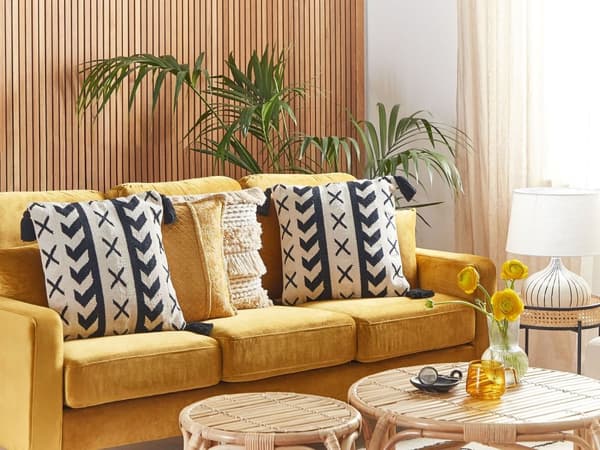 Pyntepude Beige og Sort Bomuld 45 x 45 cm Lille Smuk Firkantet Mønstret Pude med Kvaster til Sofa og Sengen Tilbehør Stue og Soveværelse Dekor