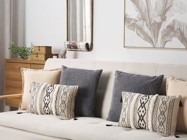 Pyntepuder Beige Hvid Sort Polyester Sæt 30 x 50 cm Små Flotte Aflange Rektangulær Sofapuder med Kvaster til Stuen Orientalsk Afrika Mønster