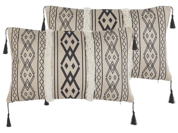 Pyntepuder Beige Hvid Sort Polyester Sæt 30 x 50 cm Små Flotte Aflange Rektangulær Sofapuder med Kvaster til Stuen Orientalsk Afrika Mønster