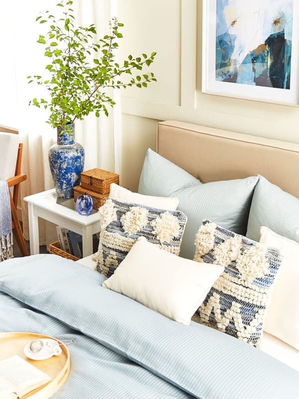 Pyntepude Blå Beige Bomuld og Polyester 45 x 45 cm Lille Firkantet Mønstret Sofapude Tuftet Tekstureret til Stuen Sengen Jeans Look Design