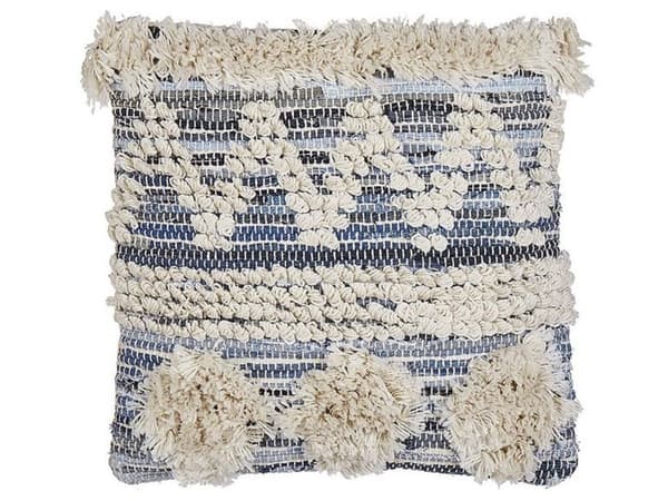 Pyntepude Blå Beige Bomuld og Polyester 45 x 45 cm Lille Firkantet Mønstret Sofapude Tuftet Tekstureret til Stuen Sengen Jeans Look Design