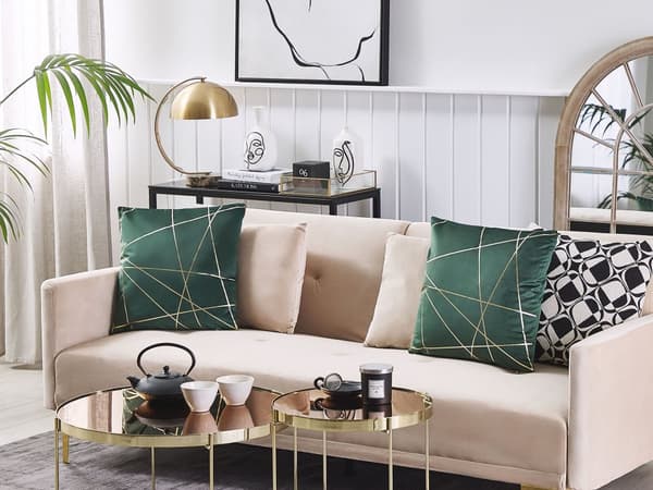 Pyntepuder Grøn Guld Velour Sæt 45 x 45 cm Små Flotte Firkantede Sofapuder til Stuen Strege Mønster Pude til Seng Moderne Retro Bløde