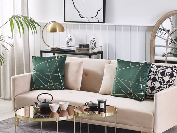 Pyntepuder Grøn Guld Velour Sæt 45 x 45 cm Små Flotte Firkantede Sofapuder til Stuen Strege Mønster Pude til Seng Moderne Retro Bløde