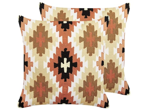 Sæt med 2 puder flerfarvet bomuld 50 x 50 cm Geometrisk mønster Håndlavet broderet aftageligt betræk med fyld Boho Style