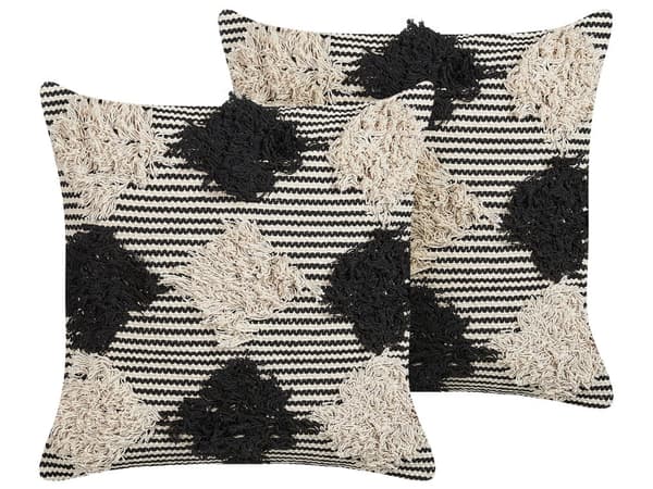 Sæt med 2 Pyntepuder Beige og Sort Bomuld 50 x 50 cm Geometrisk mønster Håndlavet aftageligt betræk med fyld