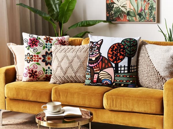 Sæt med 2 puder flerfarvet bomuld 50 x 50 cm Kattemotiv Håndlavet broderet aftageligt betræk med fyld Boho Style