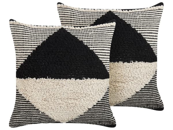 Sæt med 2 puder beige og sort bomuld 50 x 50 cm geometrisk mønster Håndlavet aftageligt betræk med fyld