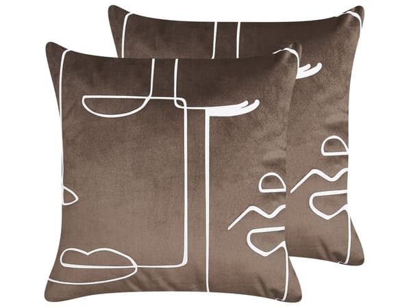 Sæt med 2 Pyntepuder Brun Velour 45 x 45 cm Ansigtsmotiv Print Glamour Dekor Accessories
